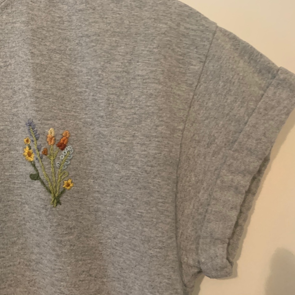 Gildan Gray T-shirt Custom Embroidered Floral Design